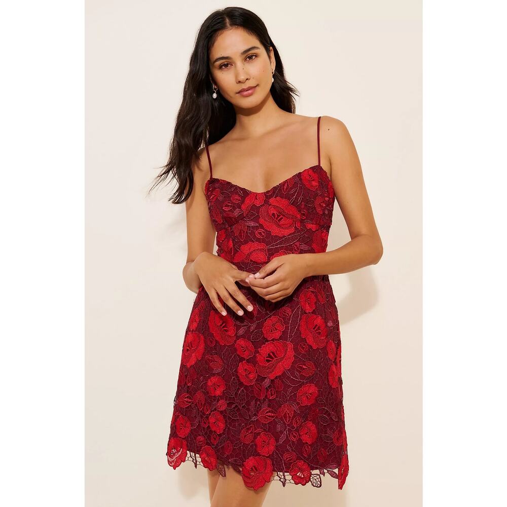 NWT ML Monique Lhuillier Arielle Metallic Lace Minidress, Red, Size 16